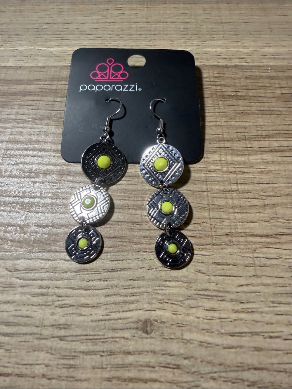 Paparazzi Silver Tone Triple-Disc Earrings with Lime Centers